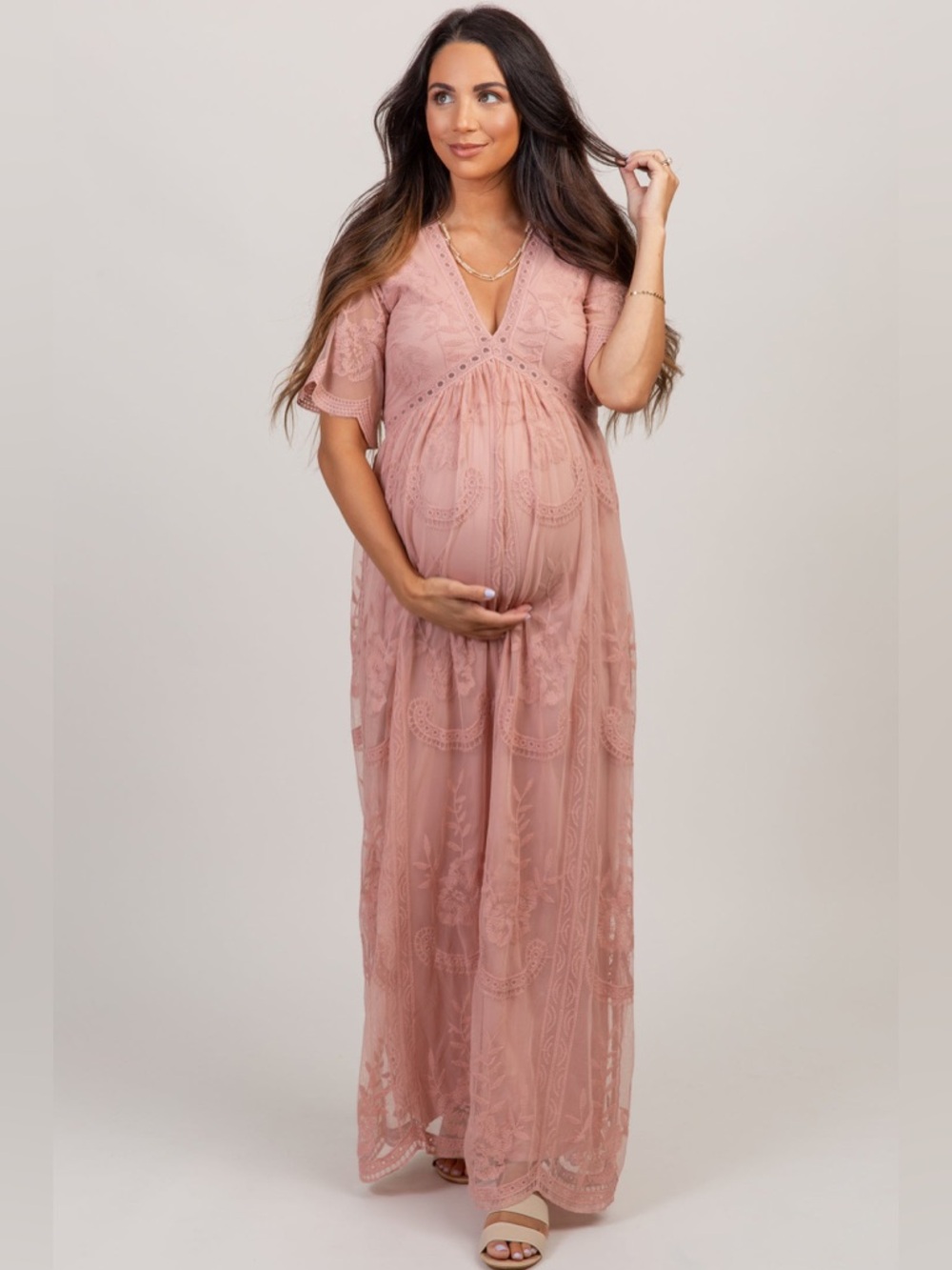 Pinkblush Dusty Pink Lace Mesh Overlay Maternity Dress